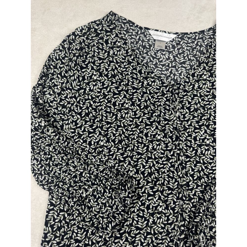 Christopher & Banks Womens L Black White Leaf Print Long Sleeve Ruffle - Picture 4 of 10